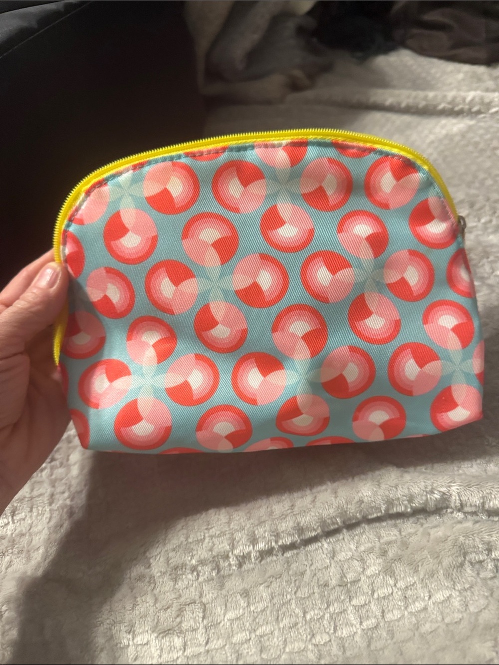 Clinique Blue Cosmetic Bag with Coral Circles and Yellow Zipper